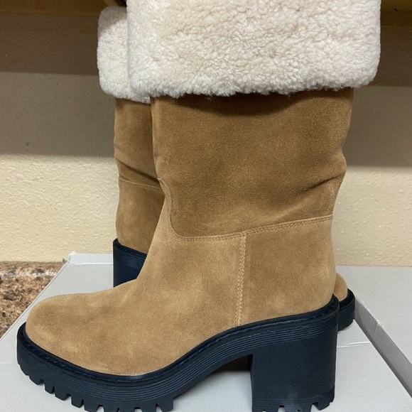 NWT Marc Fisher Willoe 100% Genuine Shearling Trim Lug Sole Boot Natural Suede - Picture 3 of 7